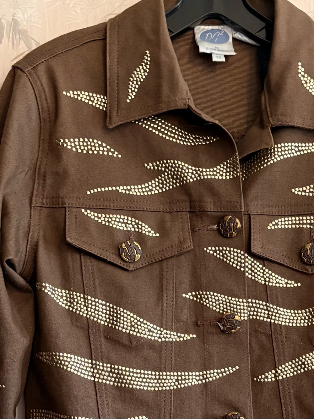 DG2 Diane Gilman Vintage Brown Studded Denim Jacket Tiger Stripe Boho XS